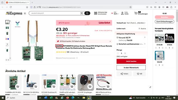 AliExpress Produktseite für 433MHz Funkmodul