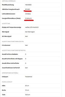 Technische Daten einer Kühl-Gefrierkombination