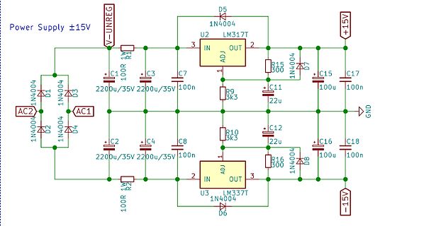 Schaltplan eines symmetrischen ±15V Netzteils