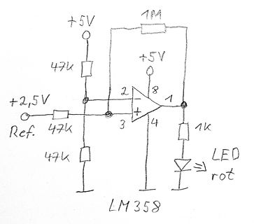 Handgezeichneter Schaltplan mit LM358 Operationsverstärker