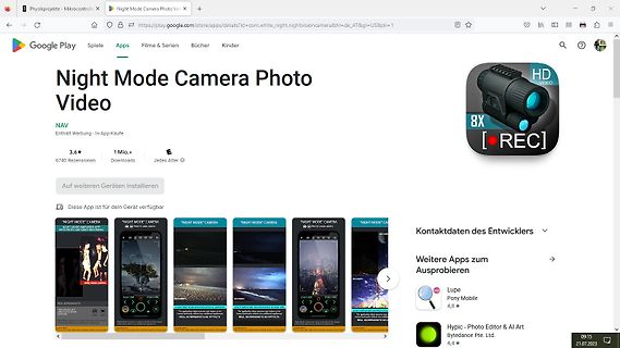 Google Play Store Seite einer Kamera-App