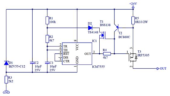 Schaltplan mit ICM7555 Timer und MOSFET-Treiberstufe