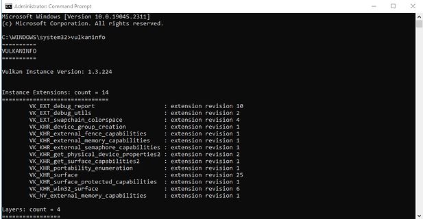 Windows Command Prompt mit Vulkan-Informationen