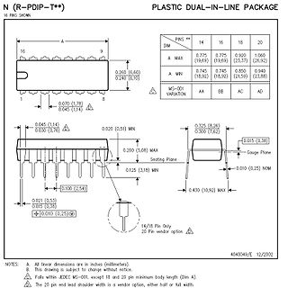 Technische Zeichnung eines Plastic Dual-In-Line Package Gehäuses
