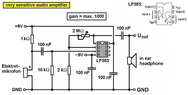 Schaltplan eines sehr sensitiven Audio-Verstärkers