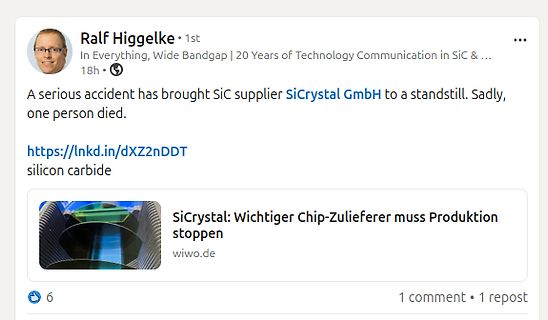 LinkedIn Post über Unfall bei SiCrystal GmbH