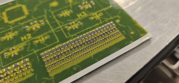 Nahaufnahme einer bestückten Leiterplatte mit SMD-Bauteilen