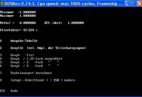 DOSBox Softwaremenü mit Messwerten und Optionen