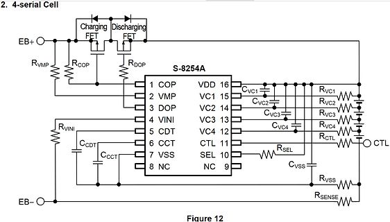Schaltplan einer 4-seriellen Zelle mit S-8254A IC