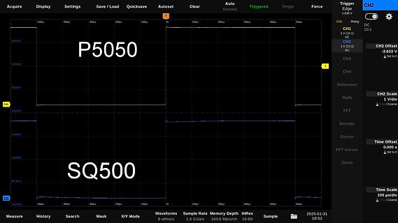 Oszilloskop-Screenshot von P5050 und SQ500 Signalen
