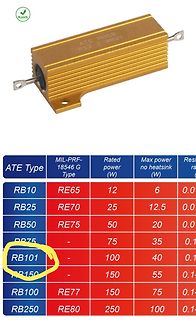 Leistungswiderstand und Tabelle mit Spezifikationen
