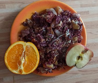 Teller mit Rotkohl, einer halben Orange und einem Apfelstück