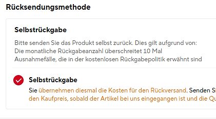 Screenshot einer Rücksendemethode auf einer Website