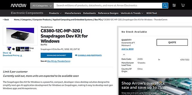 Produktseite eines Snapdragon Dev Kits bei Arrow Electronics