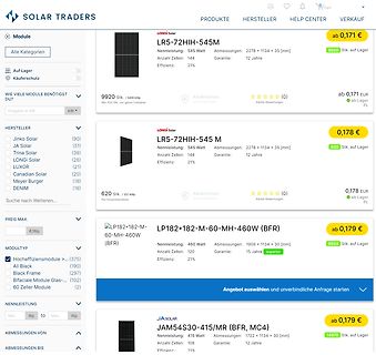 Screenshot eines Online-Shops für Solarmodule