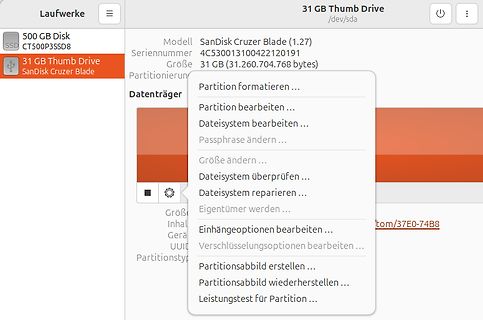 Kontextmenü zur Partitionierung eines USB-Sticks