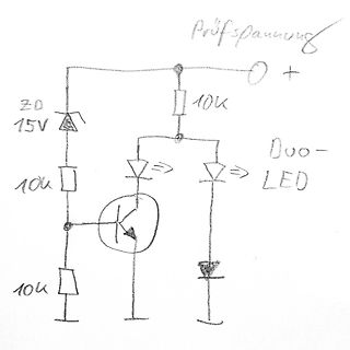 Handgezeichneter Schaltplan mit Zenerdiode, Transistor und Duo-LED