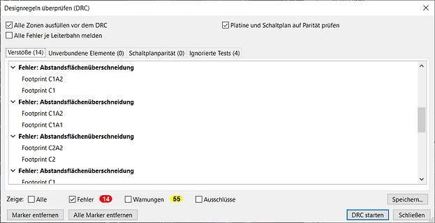 DRC Fehlermeldungen in einer PCB-Design-Software