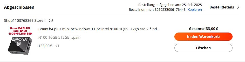 Warenkorb eines Online-Shops mit Mini PC