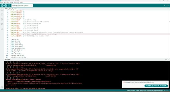 Programmcode und Fehlermeldung in Arduino IDE