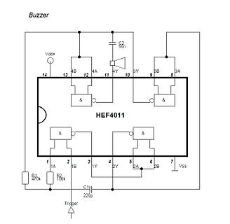 Schaltplan eines Buzzers mit HEF4011 NAND-Gatter