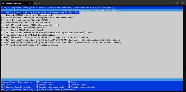 Konfigurationsmenü für ESP PSRAM in der Espressif IoT Framework Configuration
