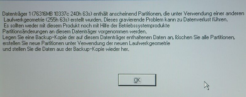 Fehlermeldung zur Laufwerkgeometrie eines Datenträgers