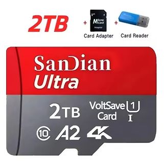 Produktgrafik einer 2TB MicroSD-Karte mit Adapter und Kartenleser
