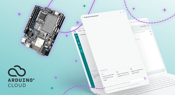 Arduino Cloud Werbeillustration mit Mikrocontroller und Laptop