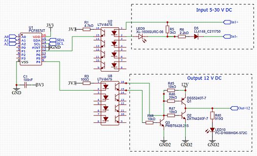 Schaltplan mit PCF8574 I2C-Erweiterer und Optokopplern