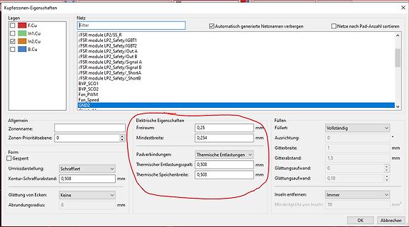 Software-Fenster Kupferzonen-Eigenschaften