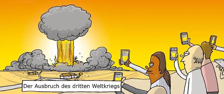 Comic von Menschen, die einen Atombombenexplosion filmen