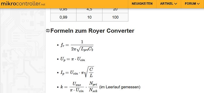 Formeln zum Royer Converter auf einer Webseite