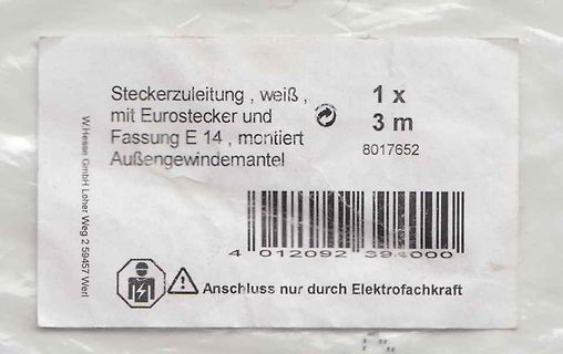 Etikett einer Steckerkabel-Zuleitung