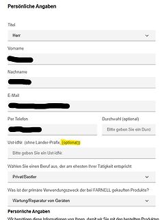 Webformular für persönliche Angaben
