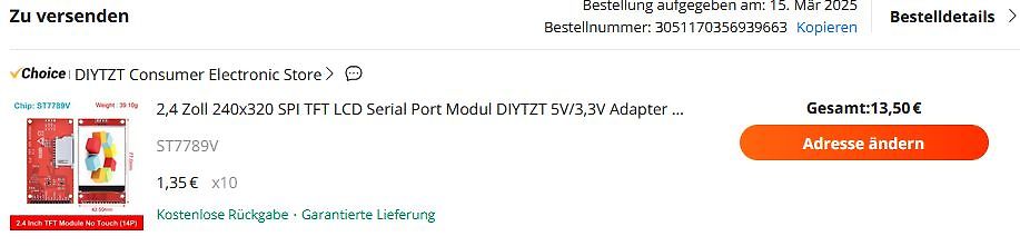 Bestellübersicht eines TFT LCD Moduls