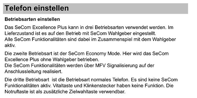 Text über Betriebsarten eines SeCom Excellence Plus