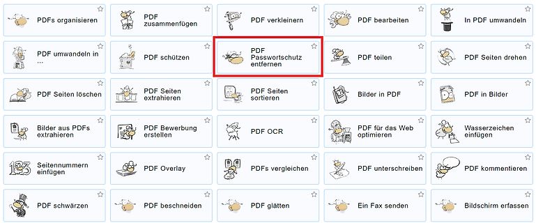 Menüauswahl für PDF-Funktionen