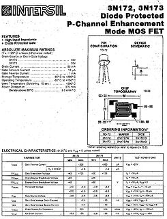Datenblatt eines Intersil 3N172 3N173 P-Channel MOS FET