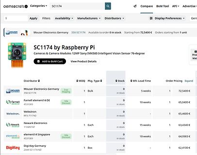 Webseite eines Elektronik-Distributors für Raspberry Pi Kamera-Modul