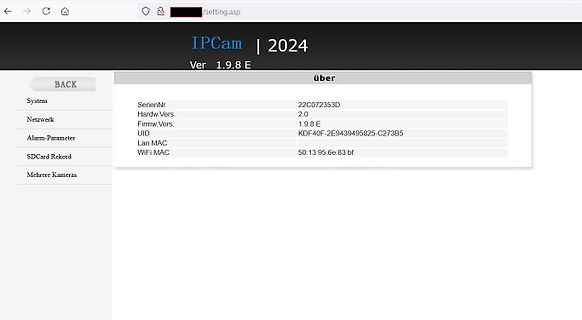 Webinterface einer IP-Kamera mit Systeminformationen