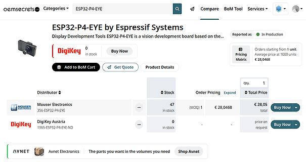 Webseite von oemsecrets.com für ESP32-P4-EYE