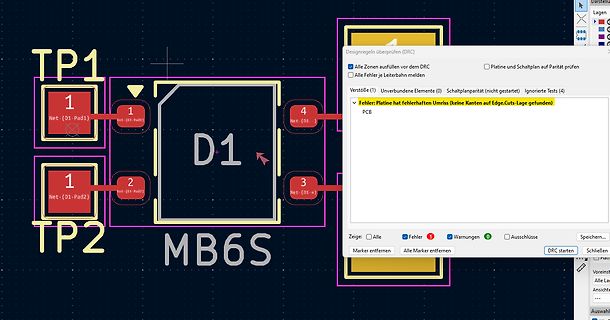 PCB-Layout mit DRC-Fehlermeldung