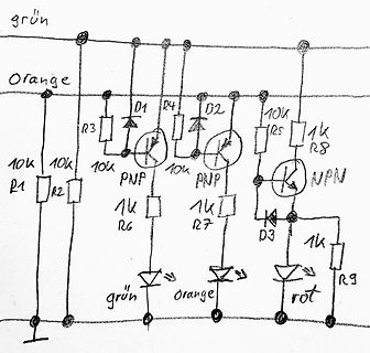Handgezeichneter Schaltplan mit Transistoren und LEDs