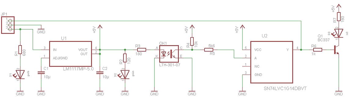 Schaltplan einer Spannungsregelung mit LED-Anzeige und Transistor-Ausgang