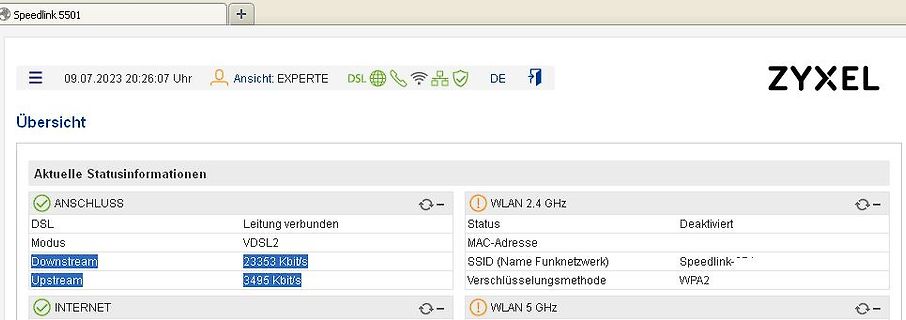 Webinterface eines Zyxel Speedlink 5501 Routers