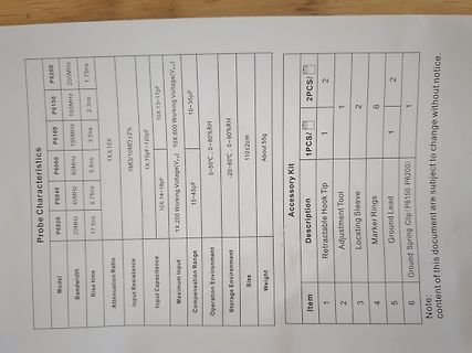 Tabelle mit technischen Daten von Tastköpfen
