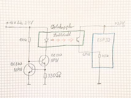 Handgezeichneter Schaltplan mit Optokoppler und ESP32