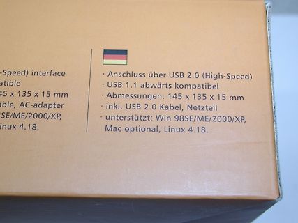 Verpackung mit technischen Daten eines USB-Geräts