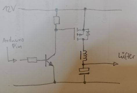 Handgezeichneter Schaltplan zur Steuerung eines Lüfters mit Arduino
